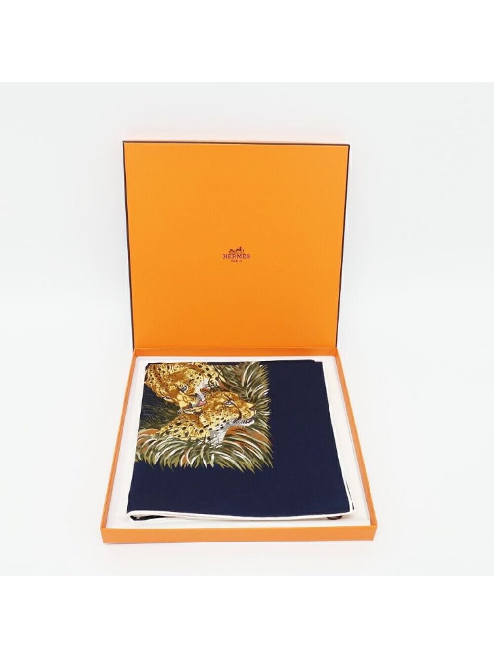 Hermes Carre 80 Cheetah Scarf Cotton Blue Marine Gold Khaki Navy - Picture 10 of 10